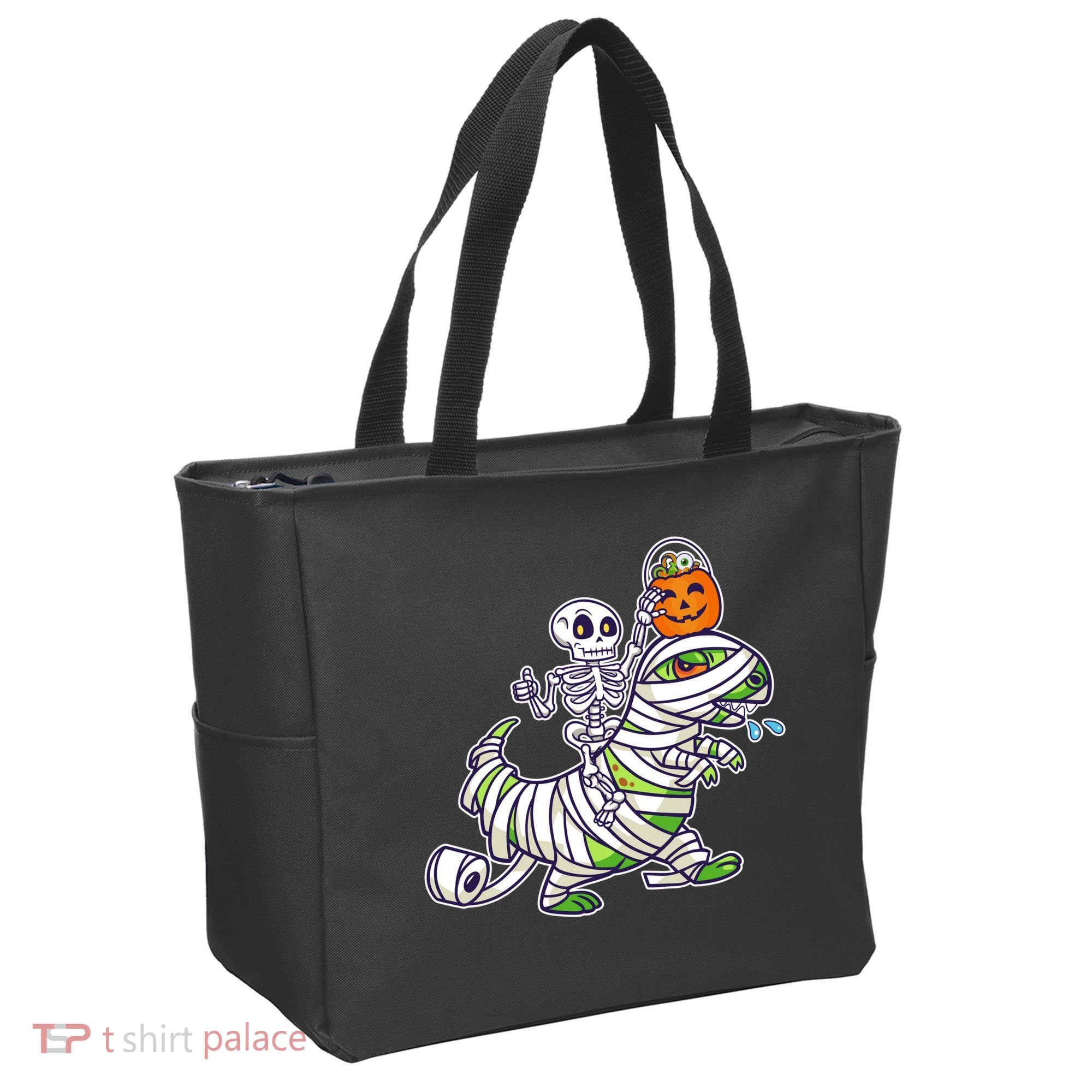 Skeleton Riding T-Rex Halloween Tote Bag
