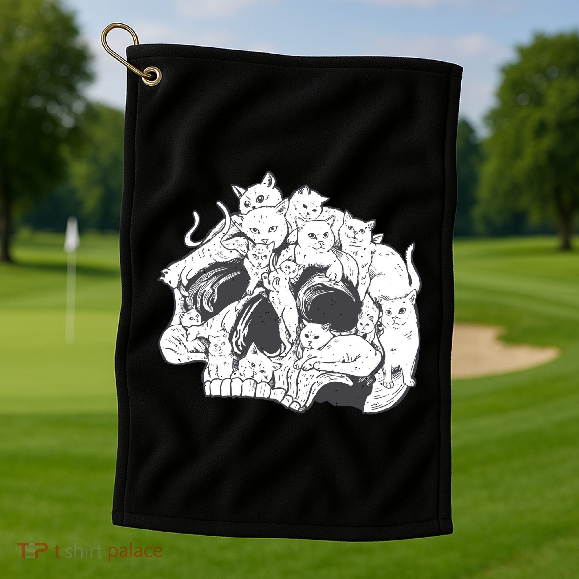 Skull Head With Cats Golf Towel