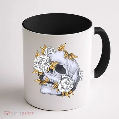 Skull White Flowers Coffee Mug back