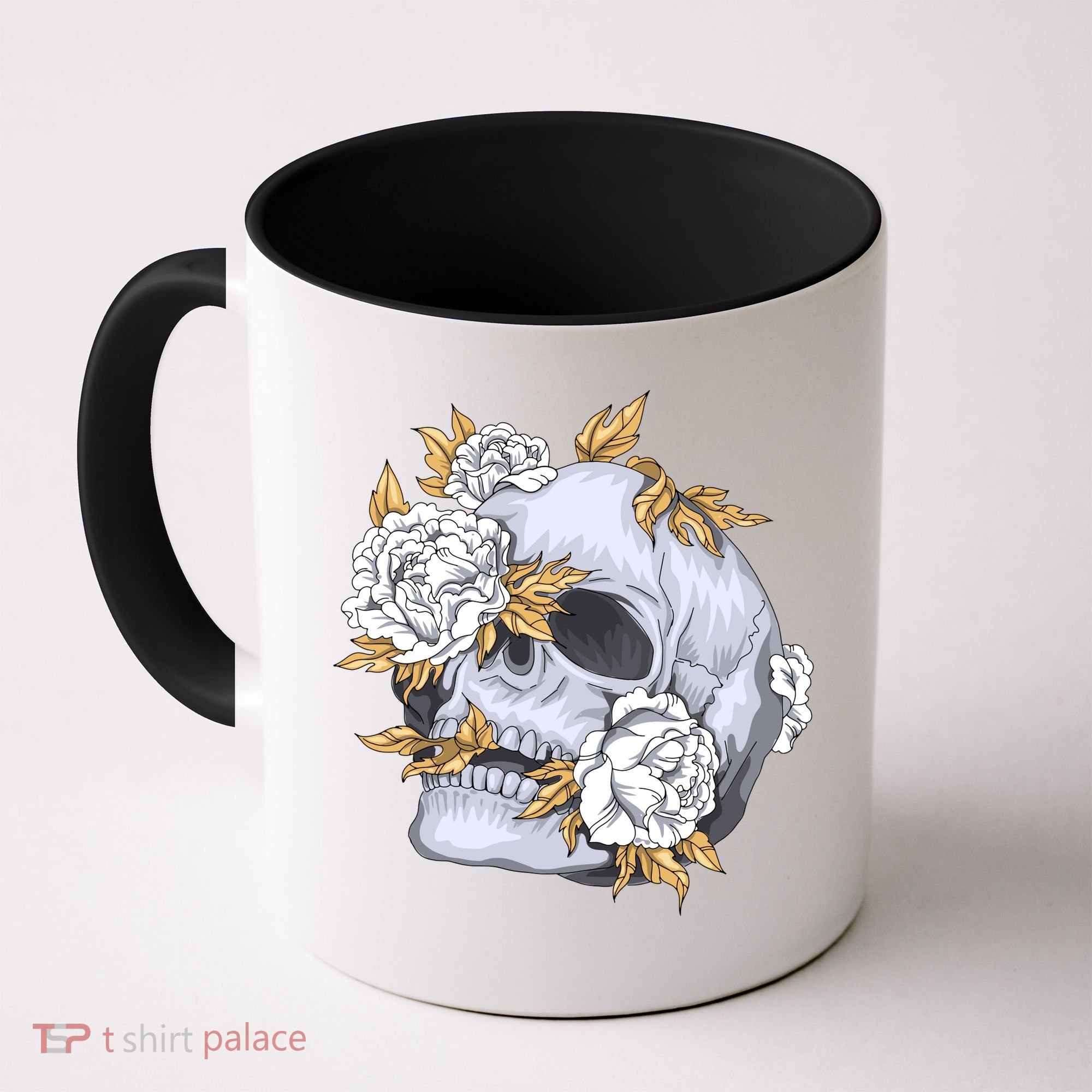 Skull White Flowers Coffee Mug
