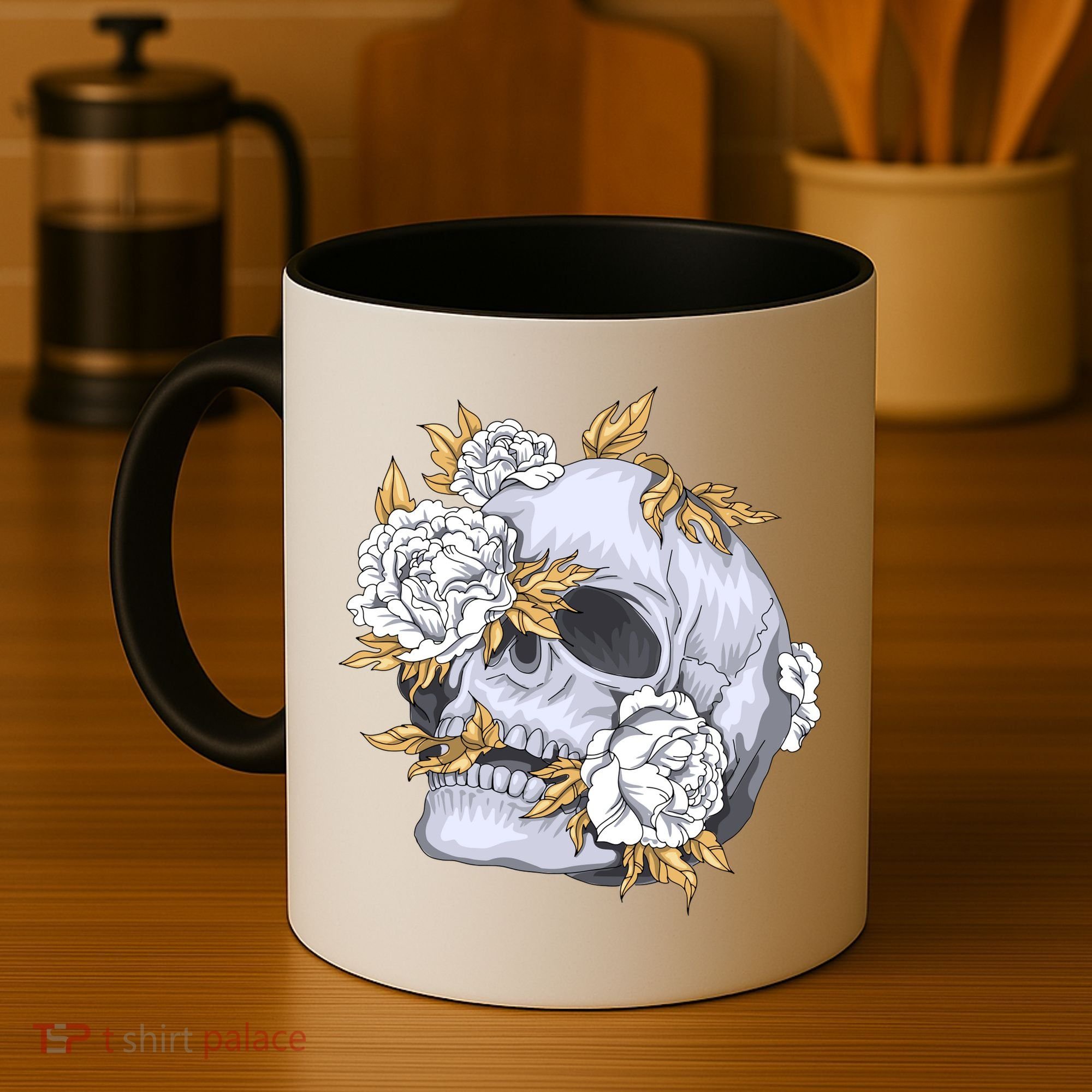 Skull White Flowers Coffee Mug