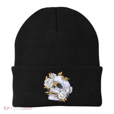 Skull White Flowers Beanie