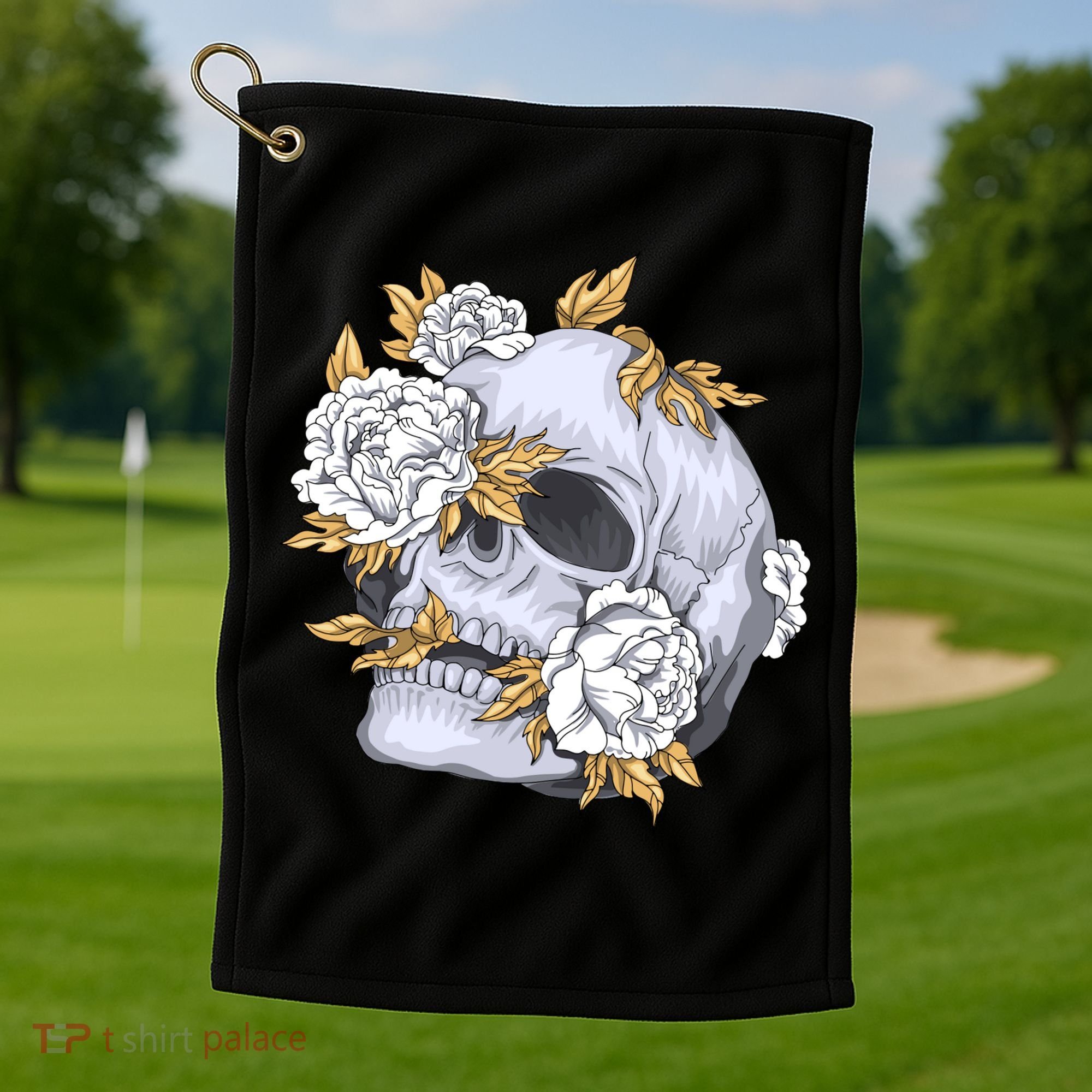 Skull White Flowers Golf Towel
