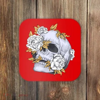 Skull White Flowers Coaster