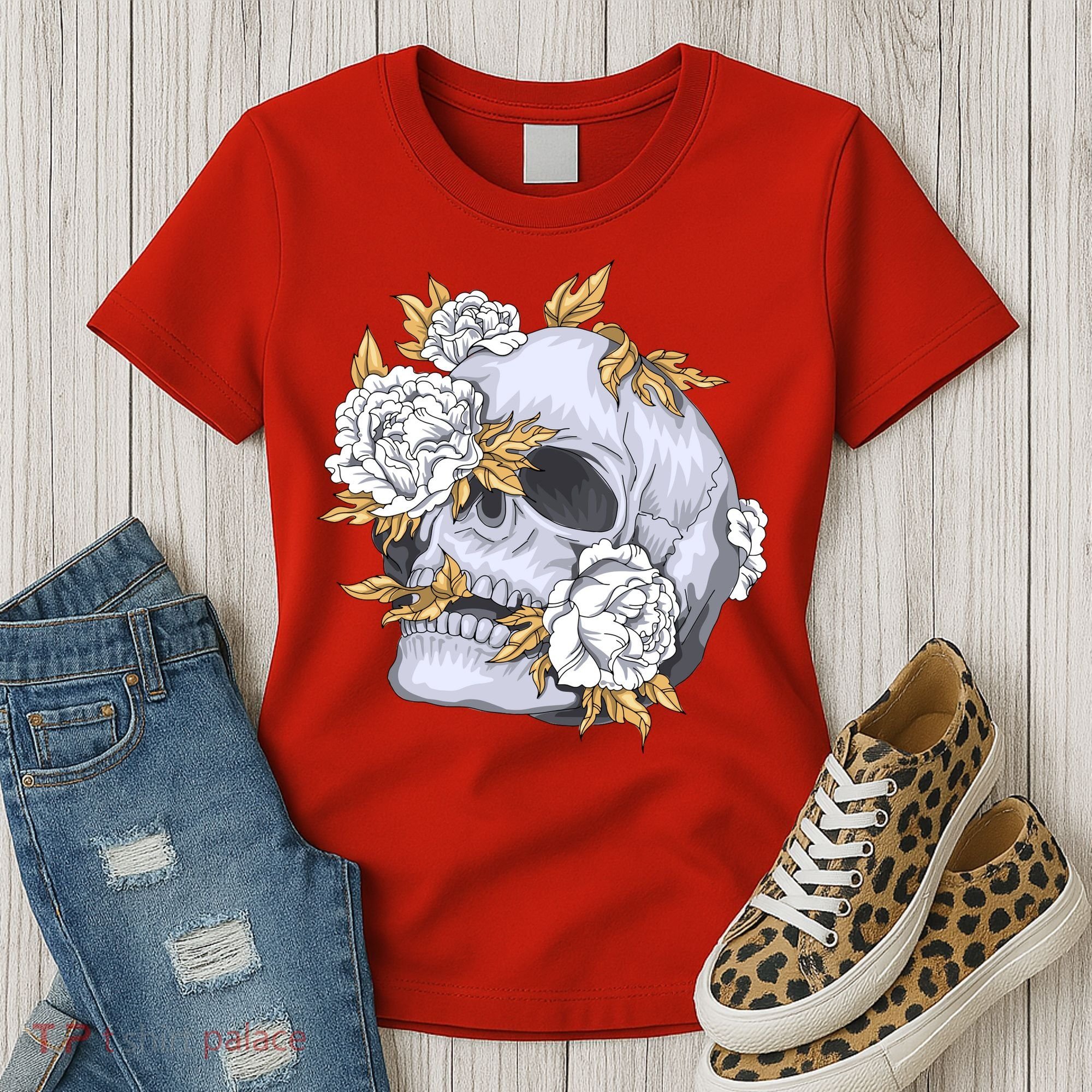 Skull White Flowers Women's T-Shirt