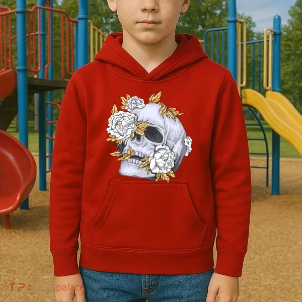 Skull White Flowers Kids Hoodie