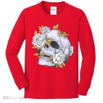 Skull White Flowers Kids Long Sleeve Shirt