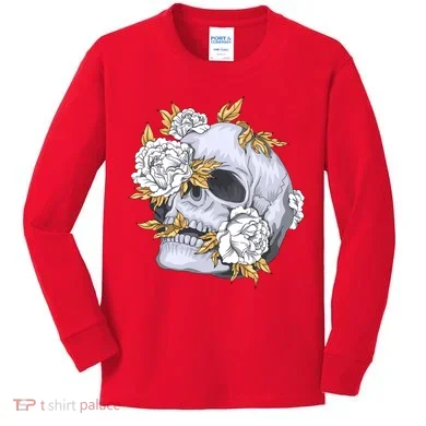 Skull White Flowers Kids Long Sleeve Shirt