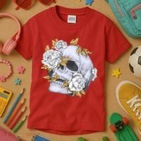 Skull White Flowers Kids T-Shirt thumb 3