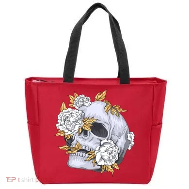 Skull White Flowers Tote Bag