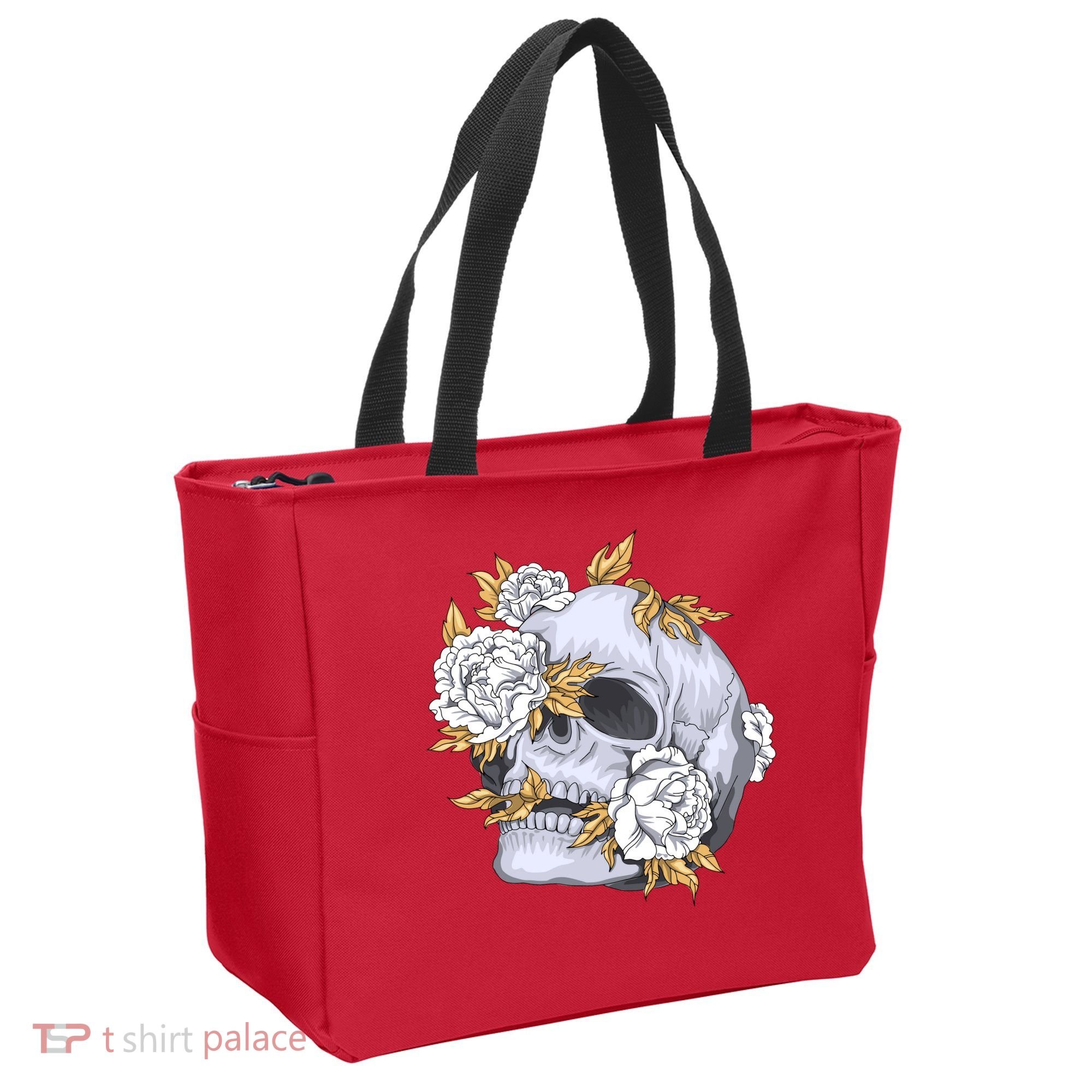 Skull White Flowers Tote Bag