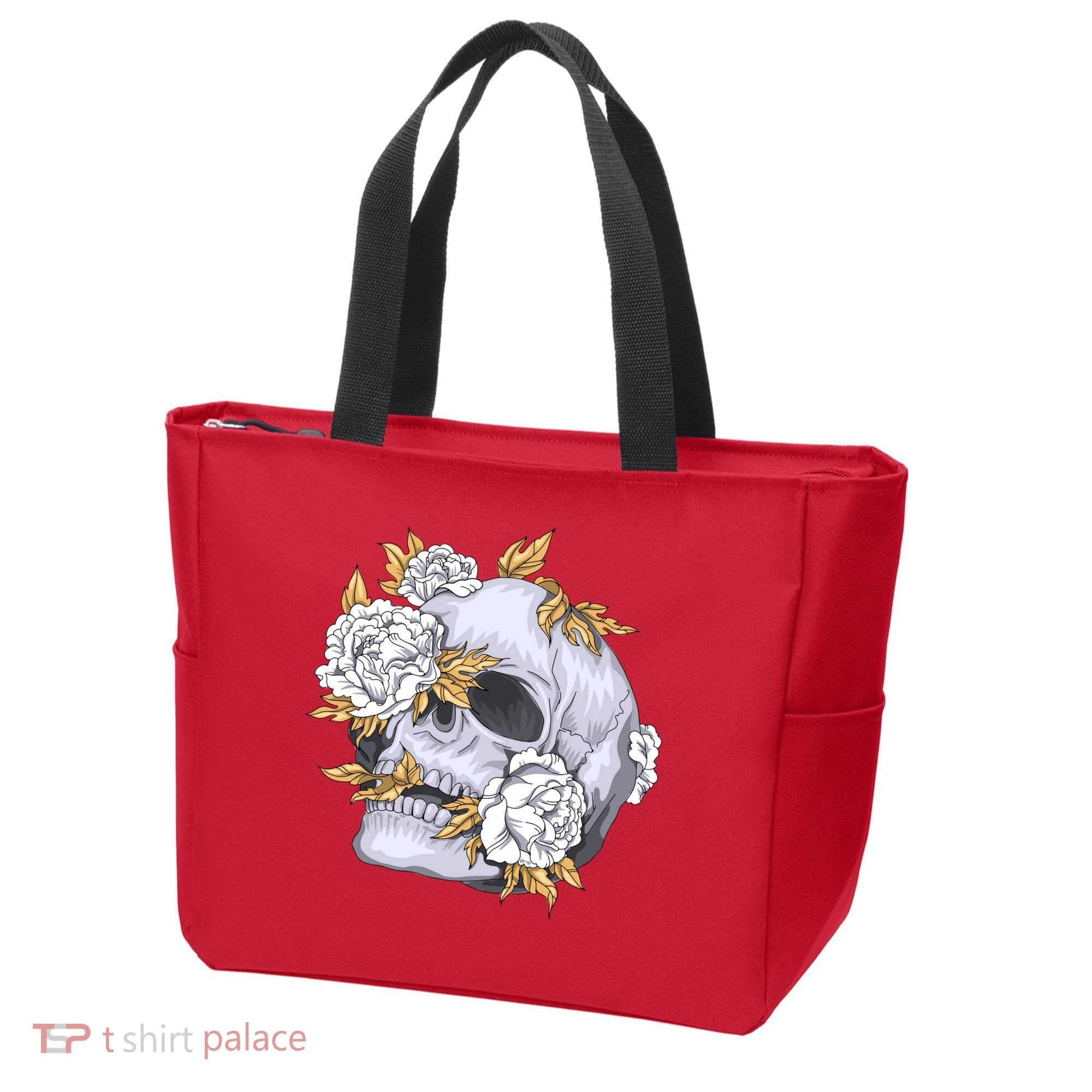 Skull White Flowers Tote Bag