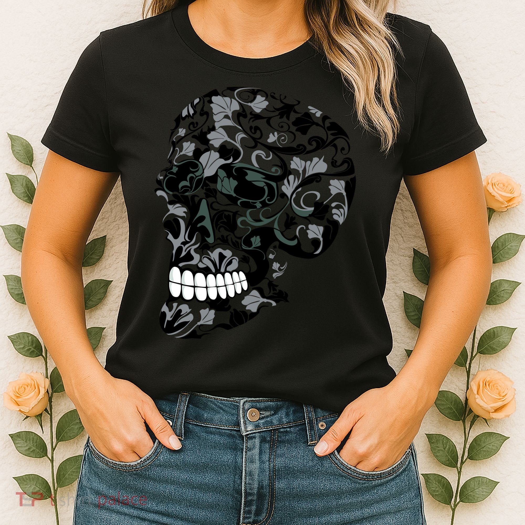 Skull With Flowers Day of the Dead Women's T-Shirt