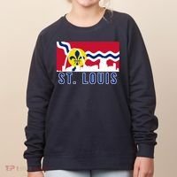 St. Louis City Skyline On St. Louis Fleur De Lis Flag Pullover Hoodie Women's Sweatshirt thumb 0