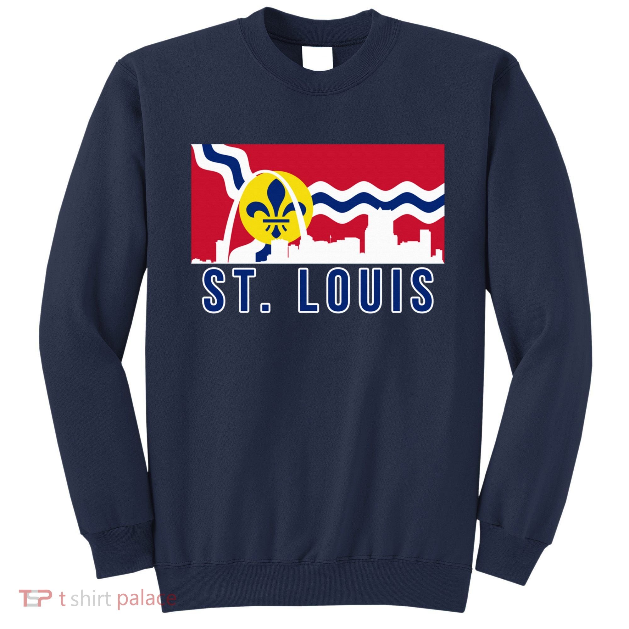 St. Louis City Skyline On St. Louis Fleur De Lis Flag Pullover Hoodie Sweatshirt