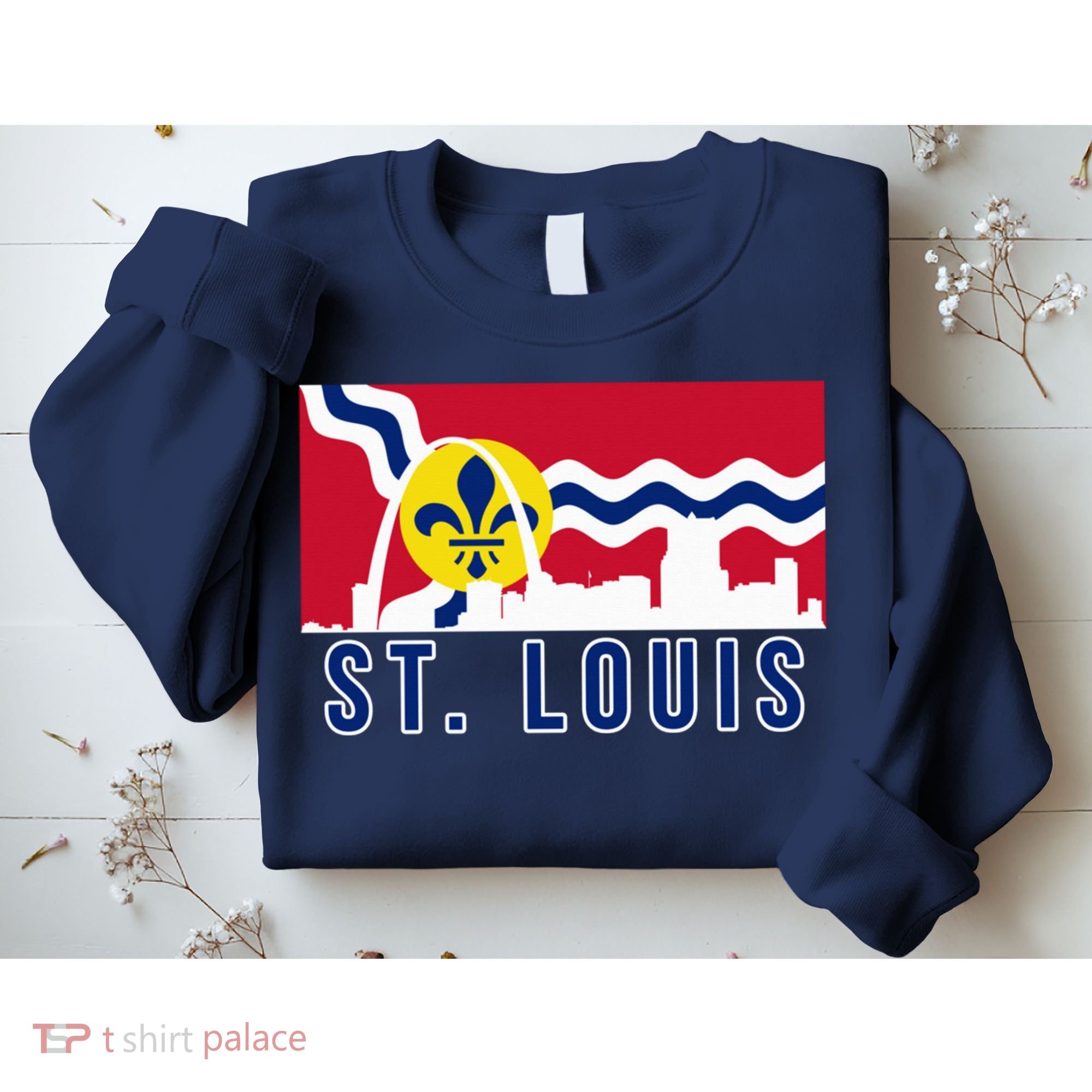 St. Louis City Skyline On St. Louis Fleur De Lis Flag Pullover Hoodie Sweatshirt
