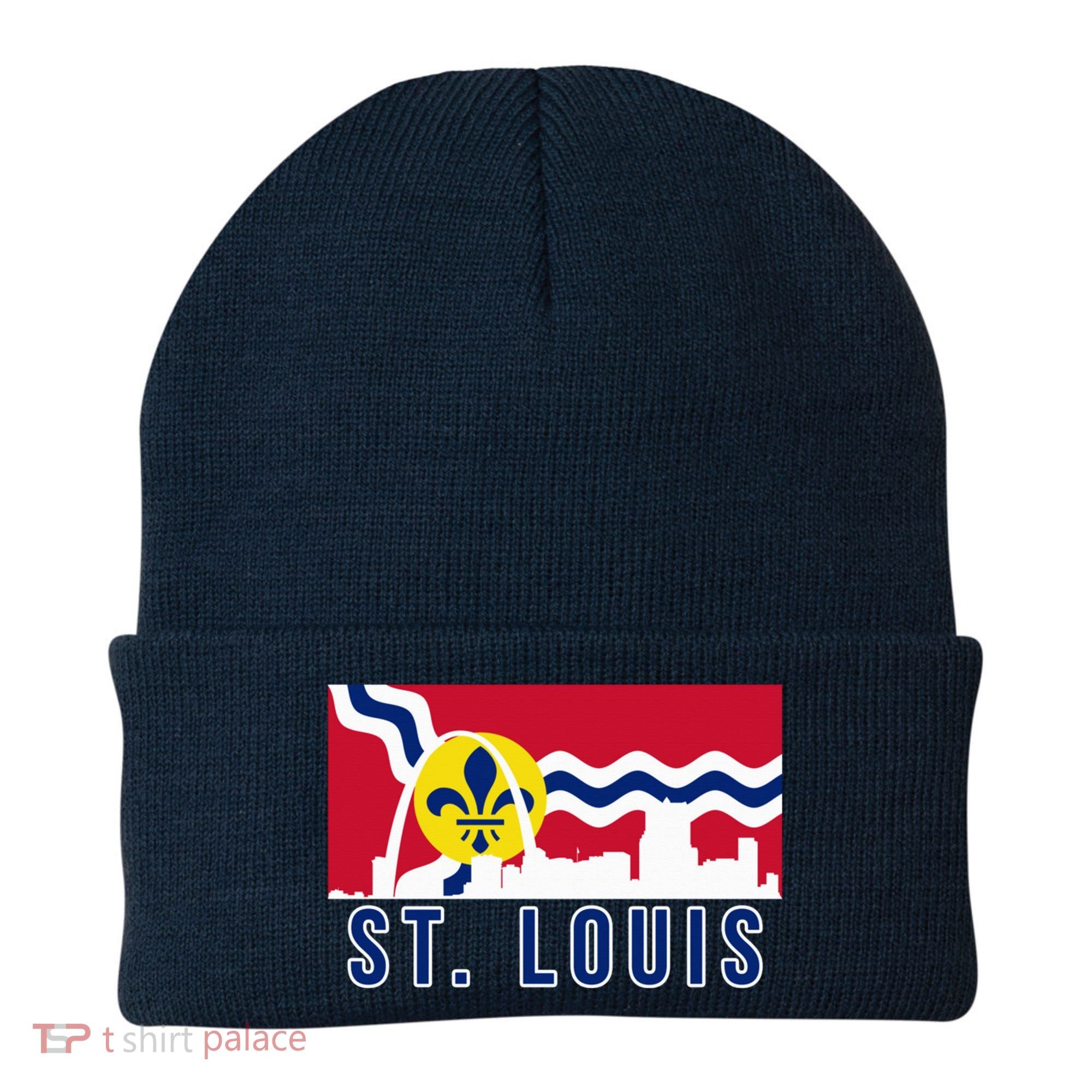 St. Louis City Skyline On St. Louis Fleur De Lis Flag Pullover Hoodie Beanie
