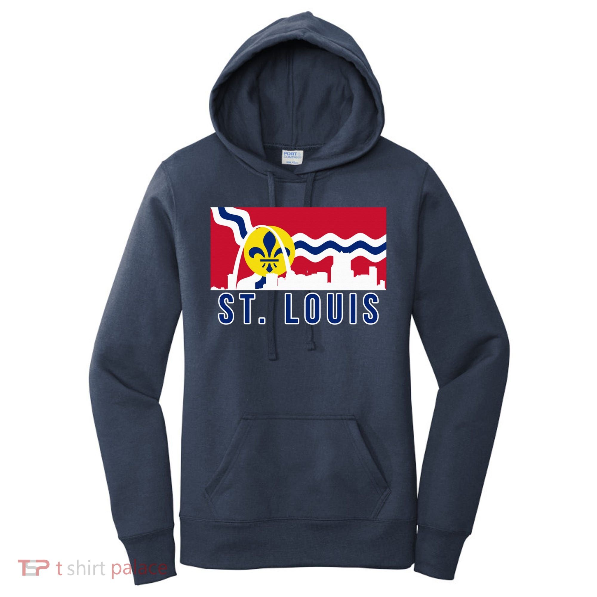 St. Louis City Skyline On St. Louis Fleur De Lis Flag Pullover Hoodie Women's Hoodie