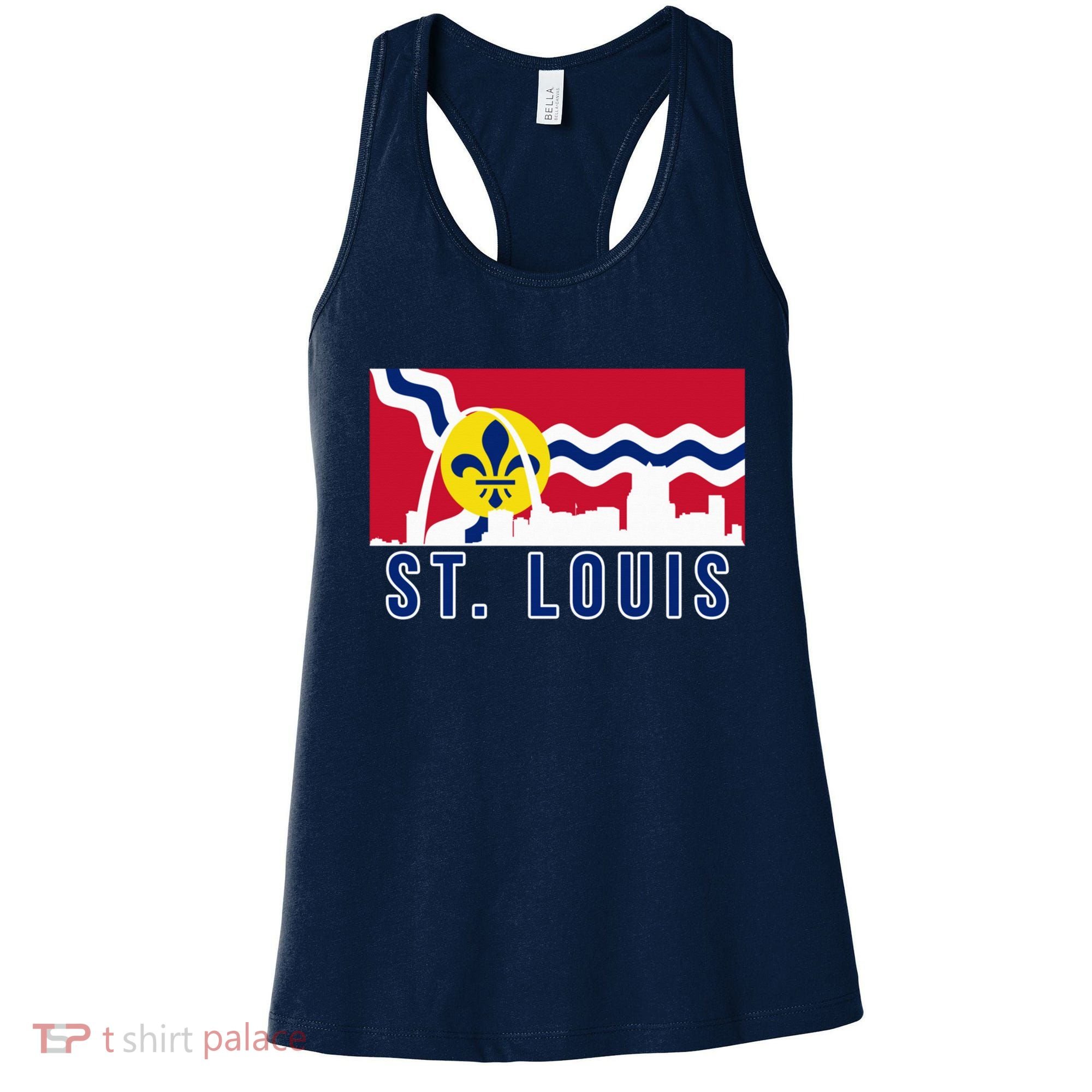 St. Louis City Skyline On St. Louis Fleur De Lis Flag Pullover Hoodie Women's Tank Top