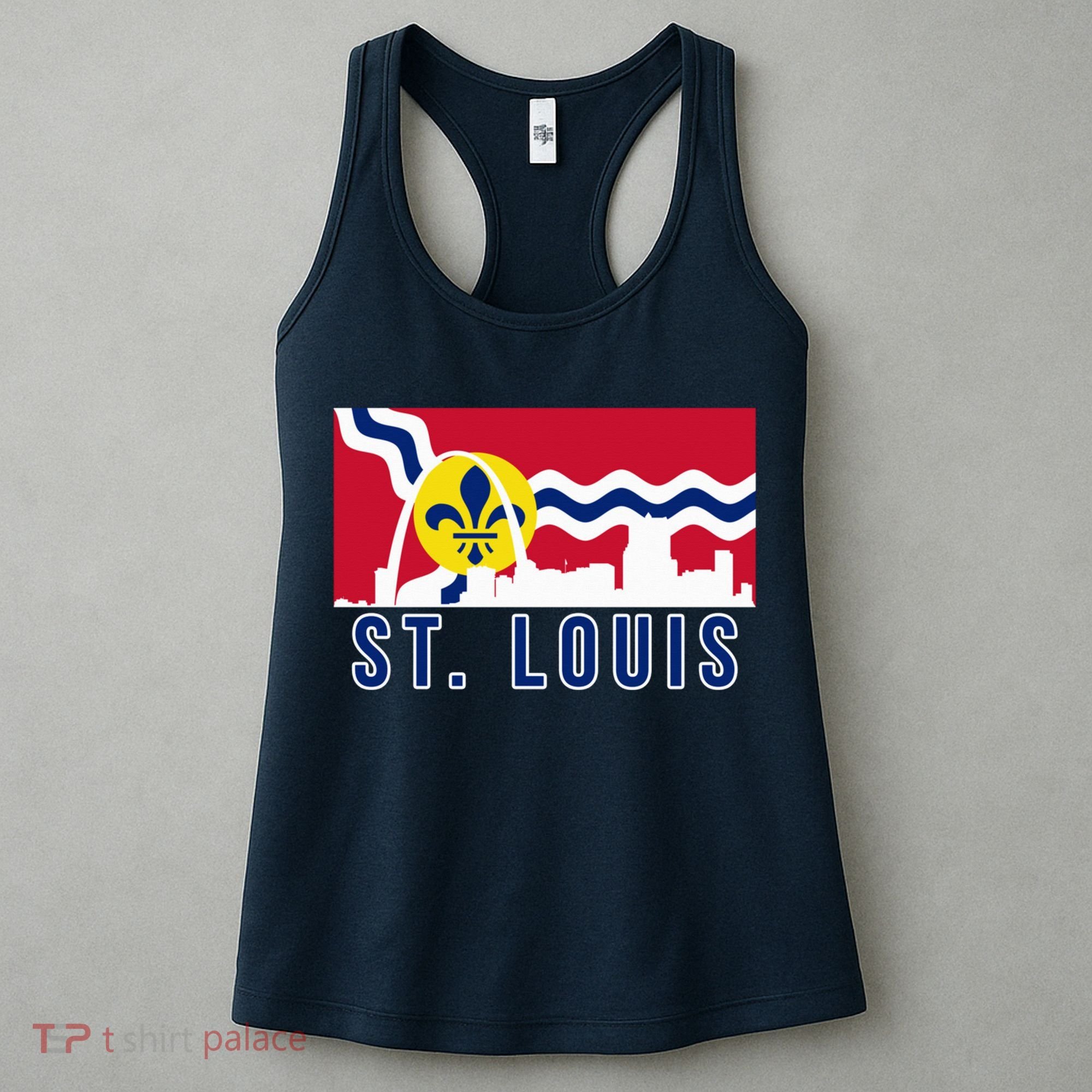 St. Louis City Skyline On St. Louis Fleur De Lis Flag Pullover Hoodie Women's Tank Top