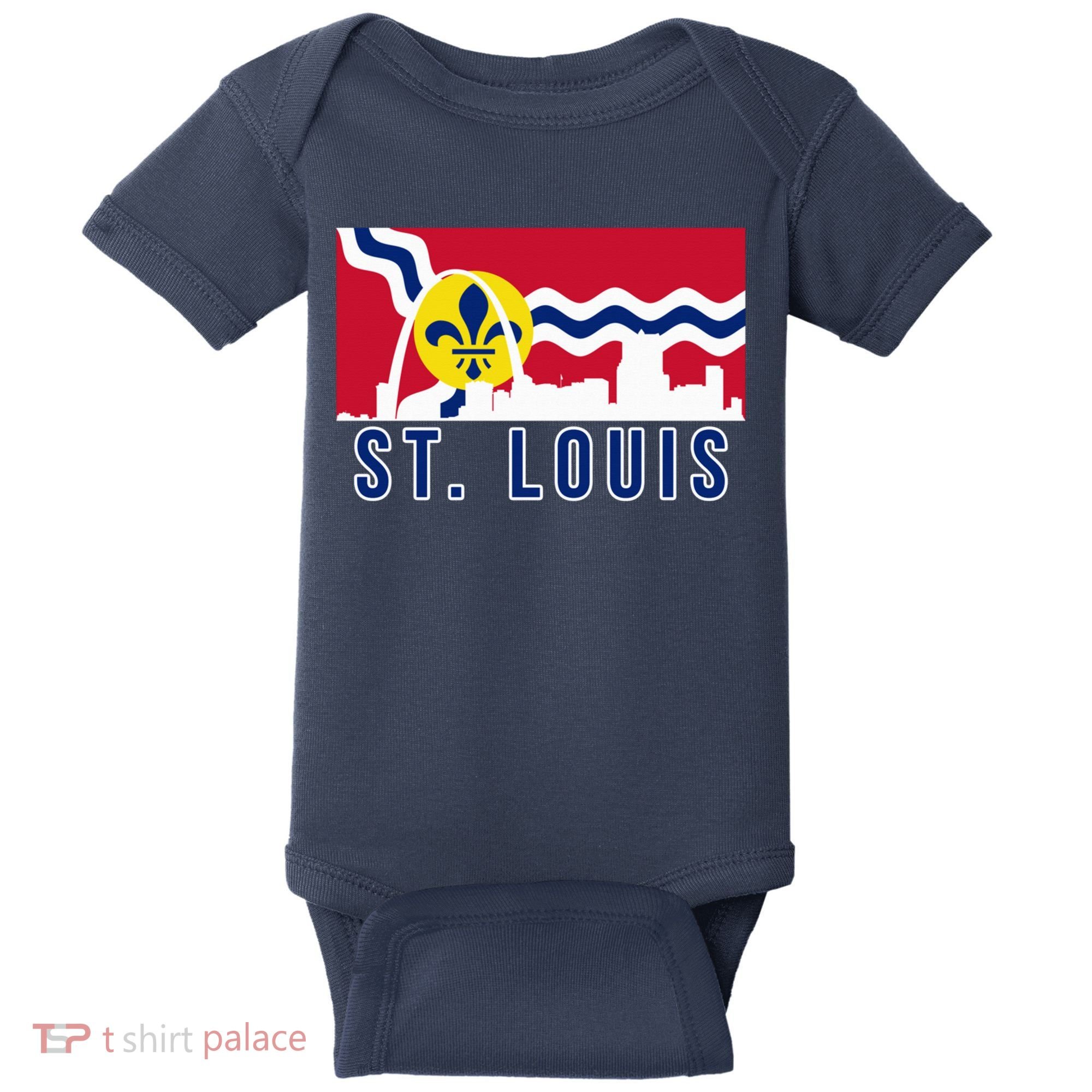 St. Louis City Skyline On St. Louis Fleur De Lis Flag Pullover Hoodie Baby Bodysuit