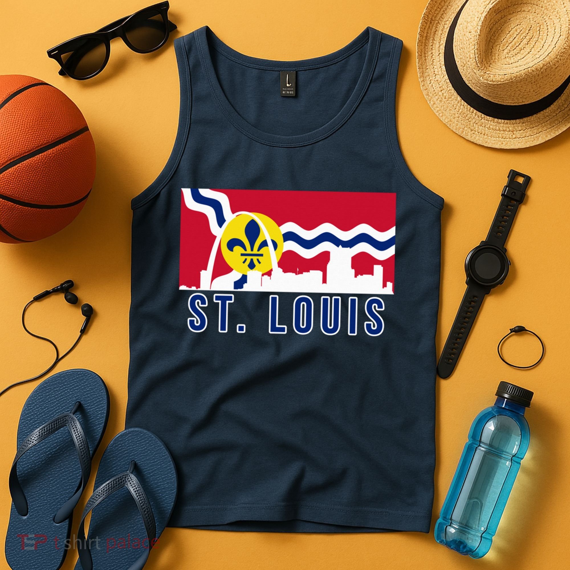St. Louis City Skyline On St. Louis Fleur De Lis Flag Pullover Hoodie Tank Top
