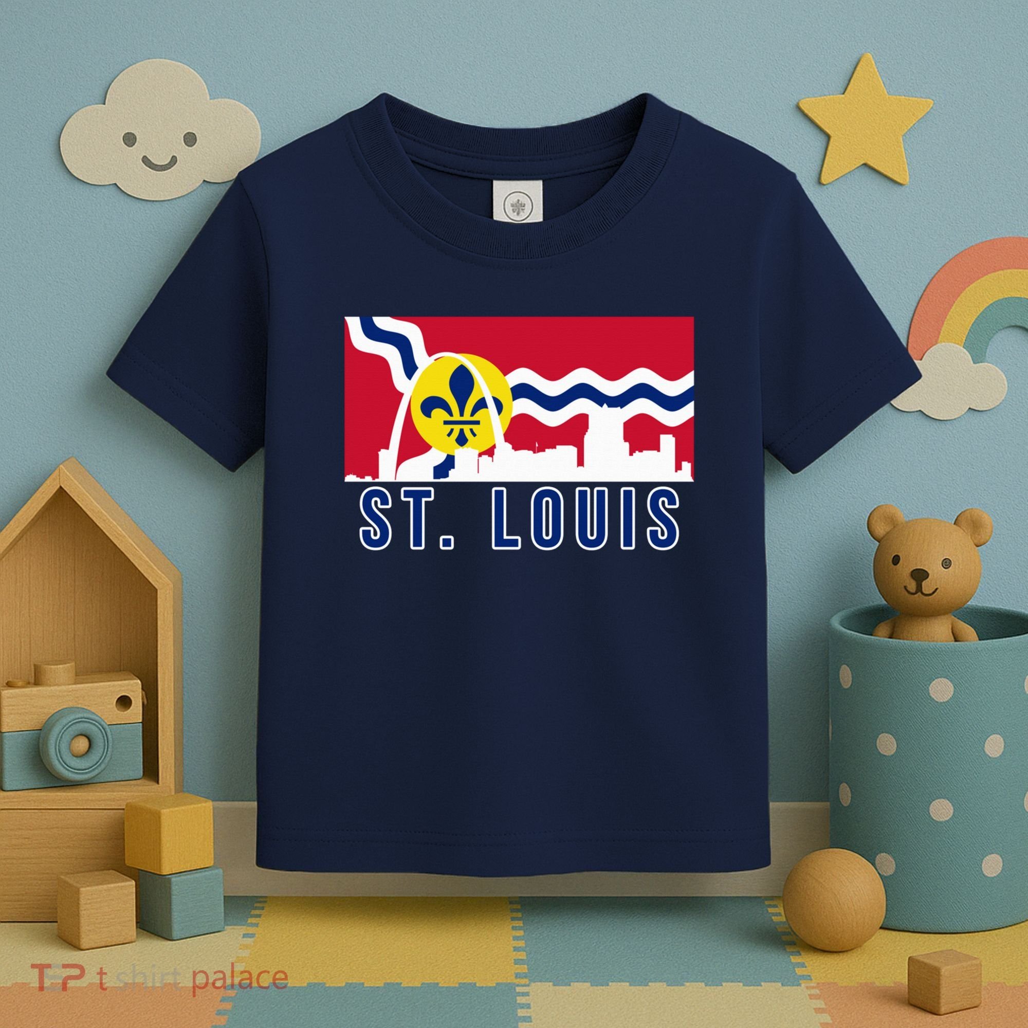 St. Louis City Skyline On St. Louis Fleur De Lis Flag Pullover Hoodie Toddler T-Shirt