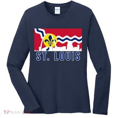 St. Louis City Skyline On St. Louis Fleur De Lis Flag Pullover Hoodie Women's Long Sleeve Shirt