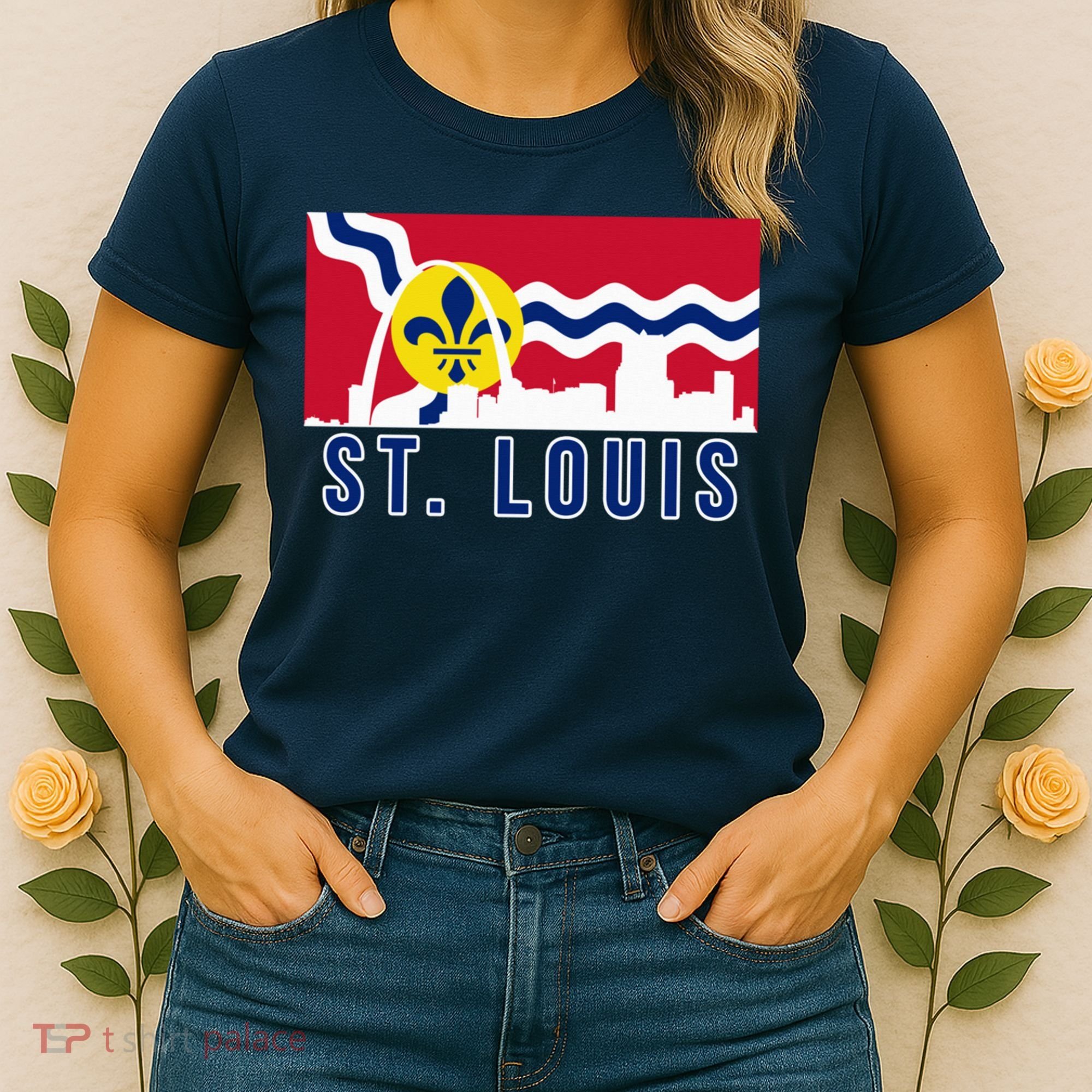 St. Louis City Skyline On St. Louis Fleur De Lis Flag Pullover Hoodie Women's T-Shirt