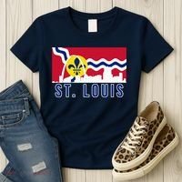 St. Louis City Skyline On St. Louis Fleur De Lis Flag Pullover Hoodie Women's T-Shirt thumb 3