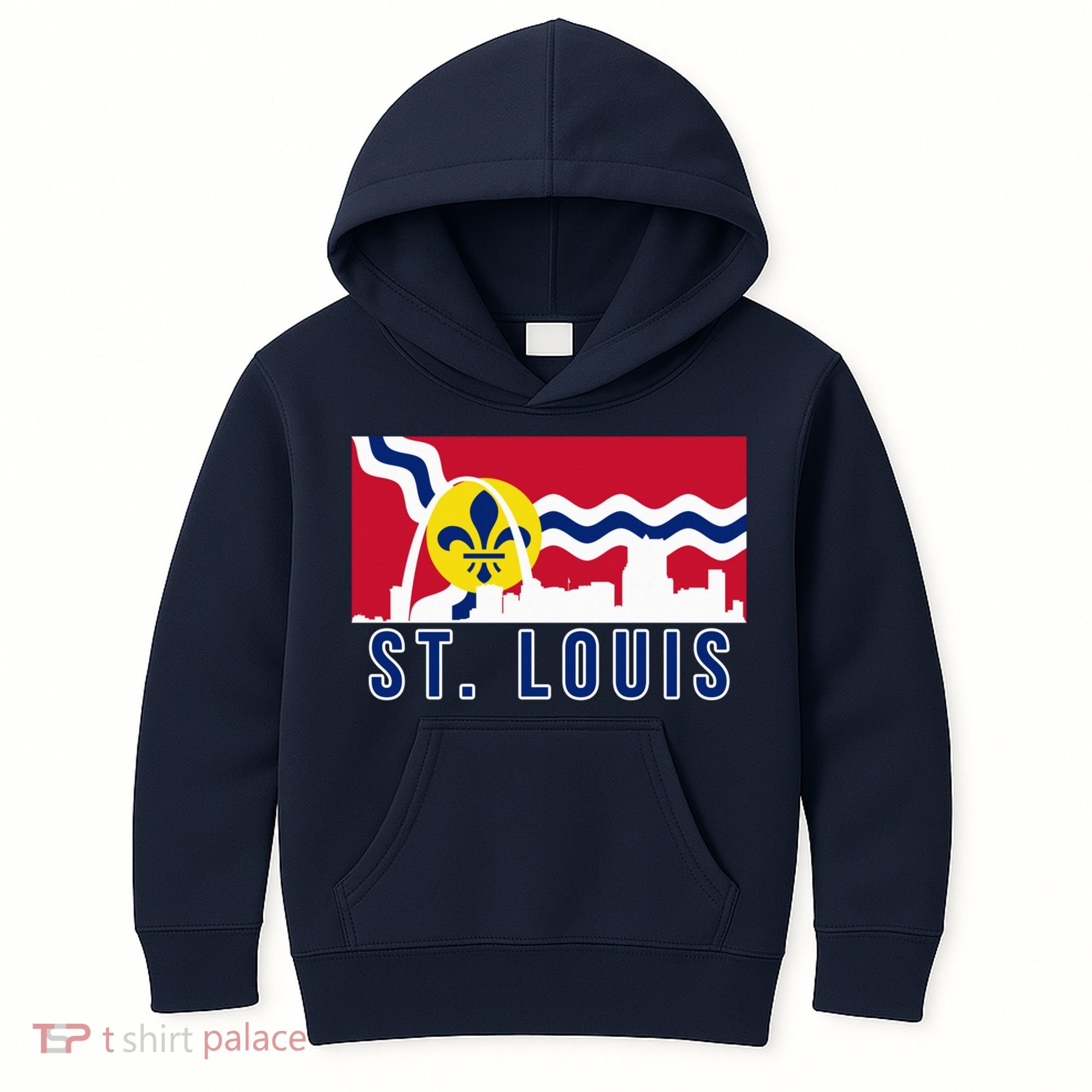 St. Louis City Skyline On St. Louis Fleur De Lis Flag Pullover Hoodie Kids Hoodie