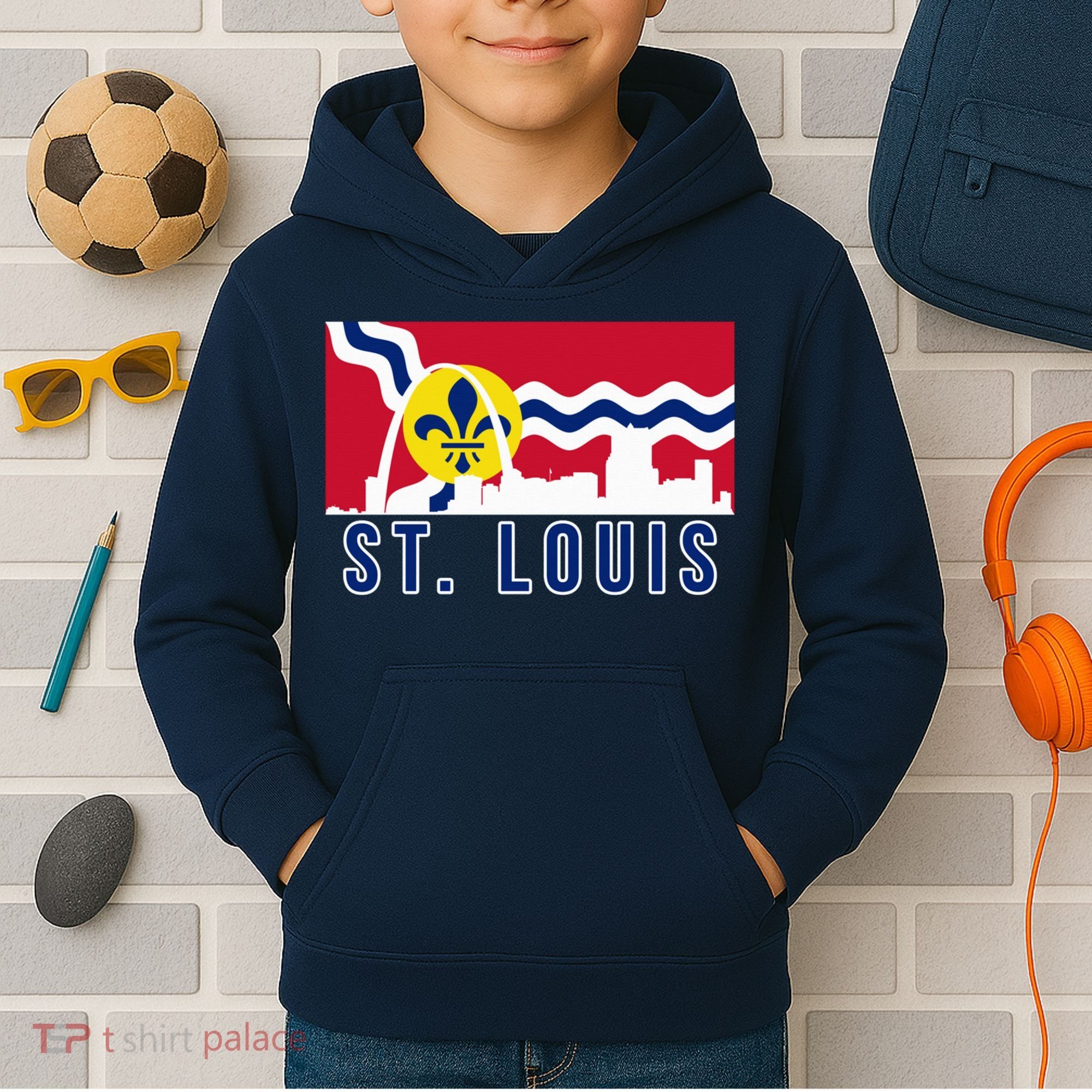 St. Louis City Skyline On St. Louis Fleur De Lis Flag Pullover Hoodie Kids Hoodie