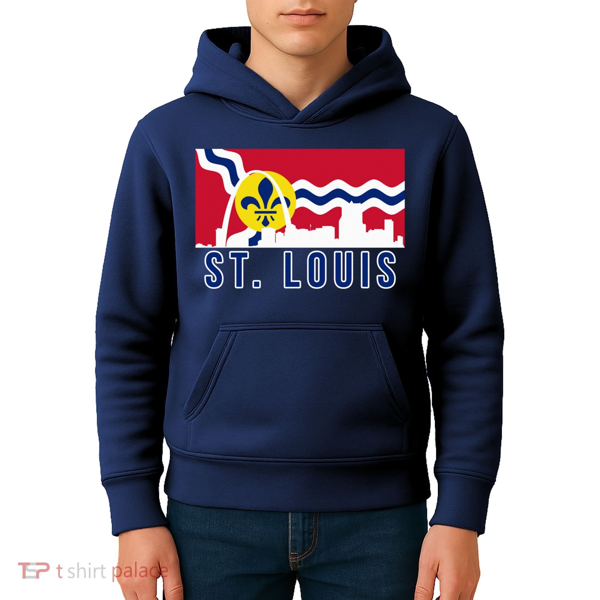 St. Louis City Skyline On St. Louis Fleur De Lis Flag Pullover Hoodie Kids Hoodie