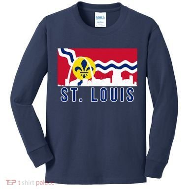 St. Louis City Skyline On St. Louis Fleur De Lis Flag Pullover Hoodie Kids Long Sleeve Shirt