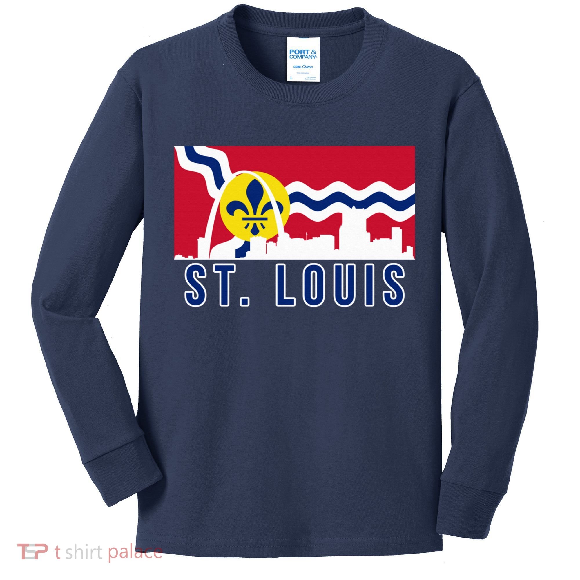 St. Louis City Skyline On St. Louis Fleur De Lis Flag Pullover Hoodie Kids Long Sleeve Shirt