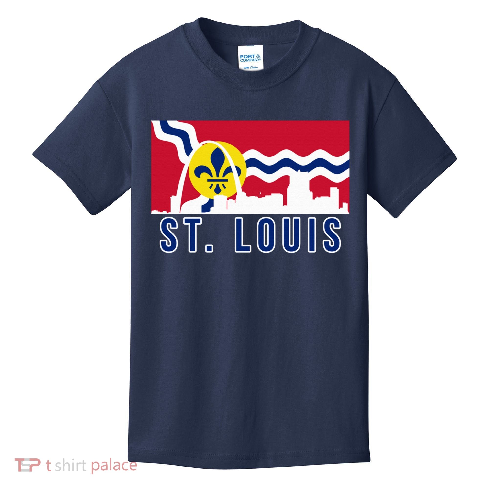 St. Louis City Skyline On St. Louis Fleur De Lis Flag Pullover Hoodie Kids T-Shirt