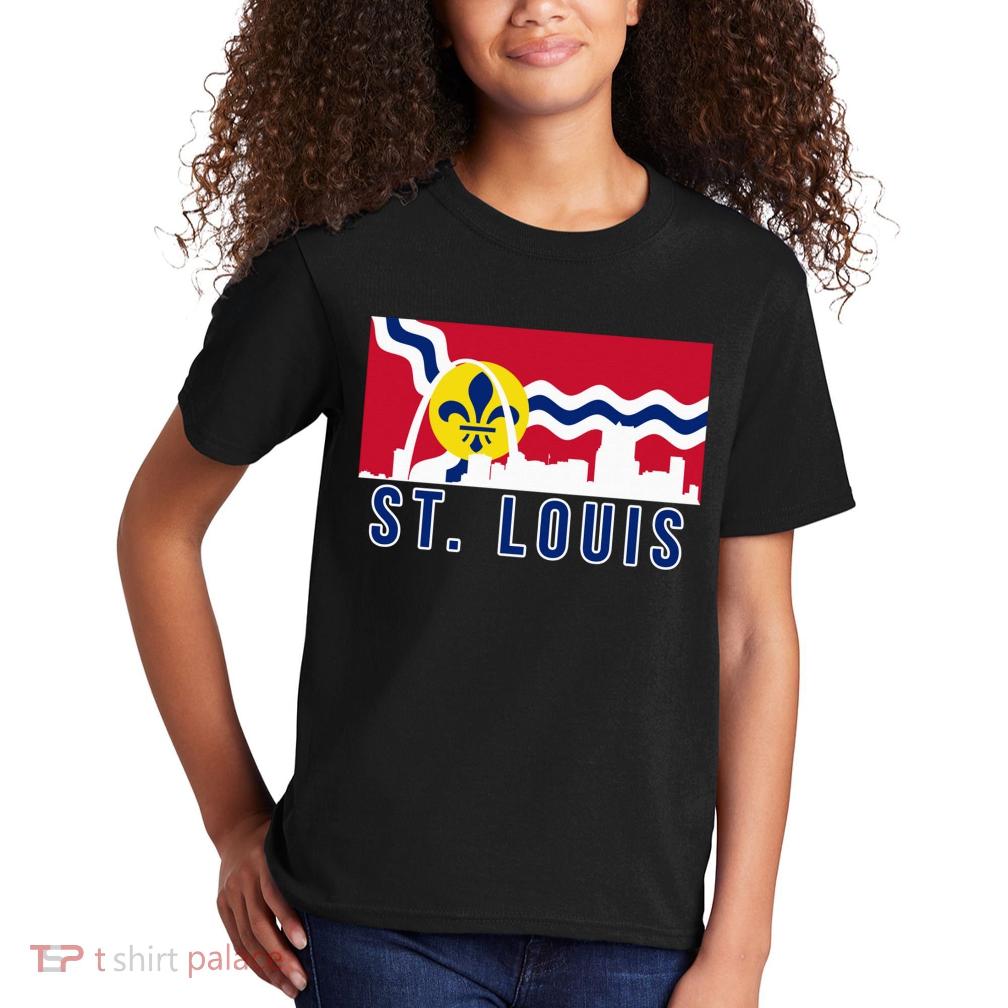 St. Louis City Skyline On St. Louis Fleur De Lis Flag Pullover Hoodie Kids T-Shirt