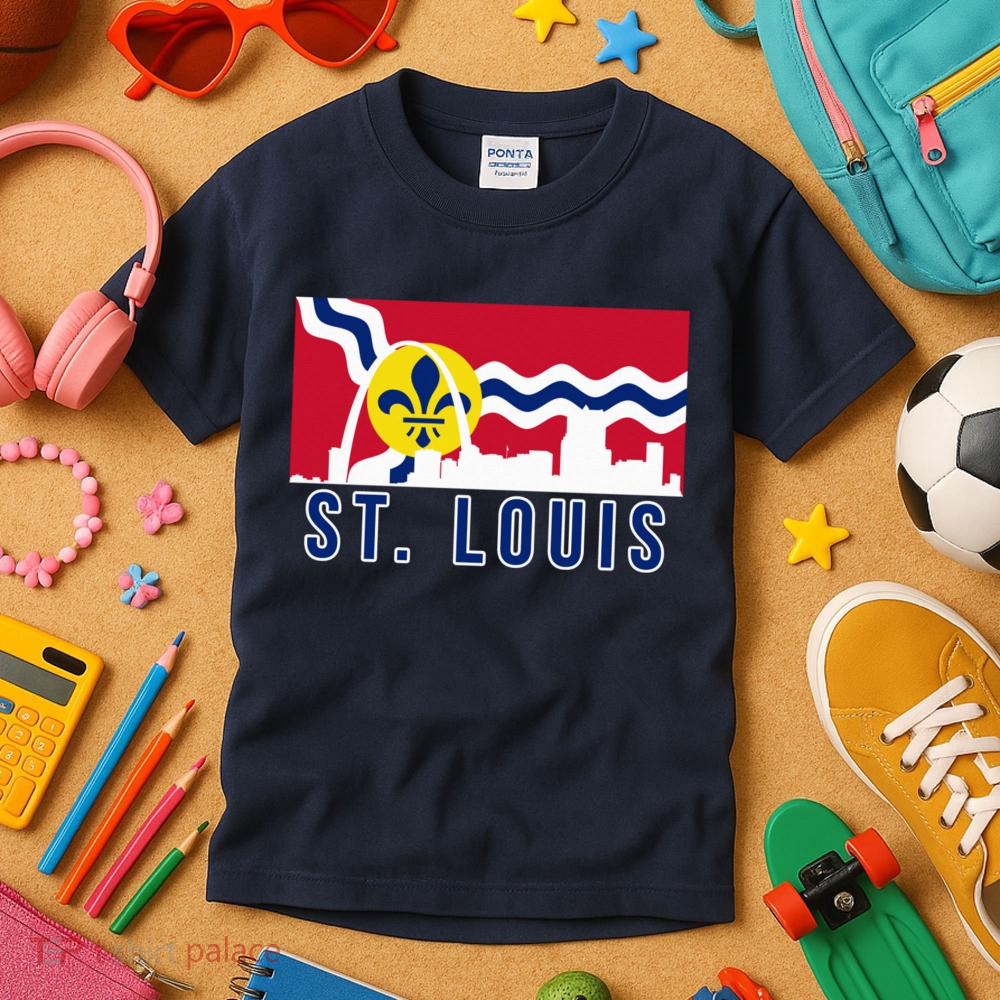St. Louis City Skyline On St. Louis Fleur De Lis Flag Pullover Hoodie Kids T-Shirt