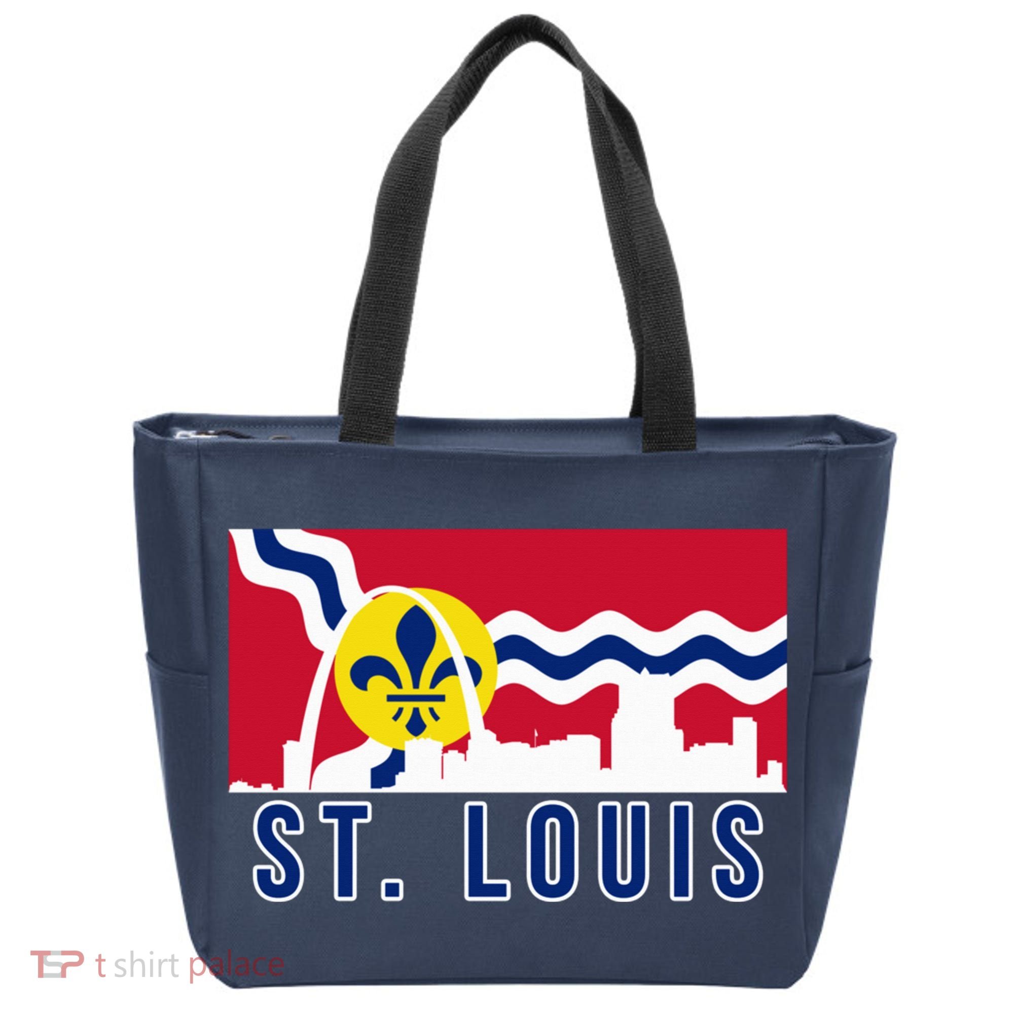 St. Louis City Skyline On St. Louis Fleur De Lis Flag Pullover Hoodie Tote Bag