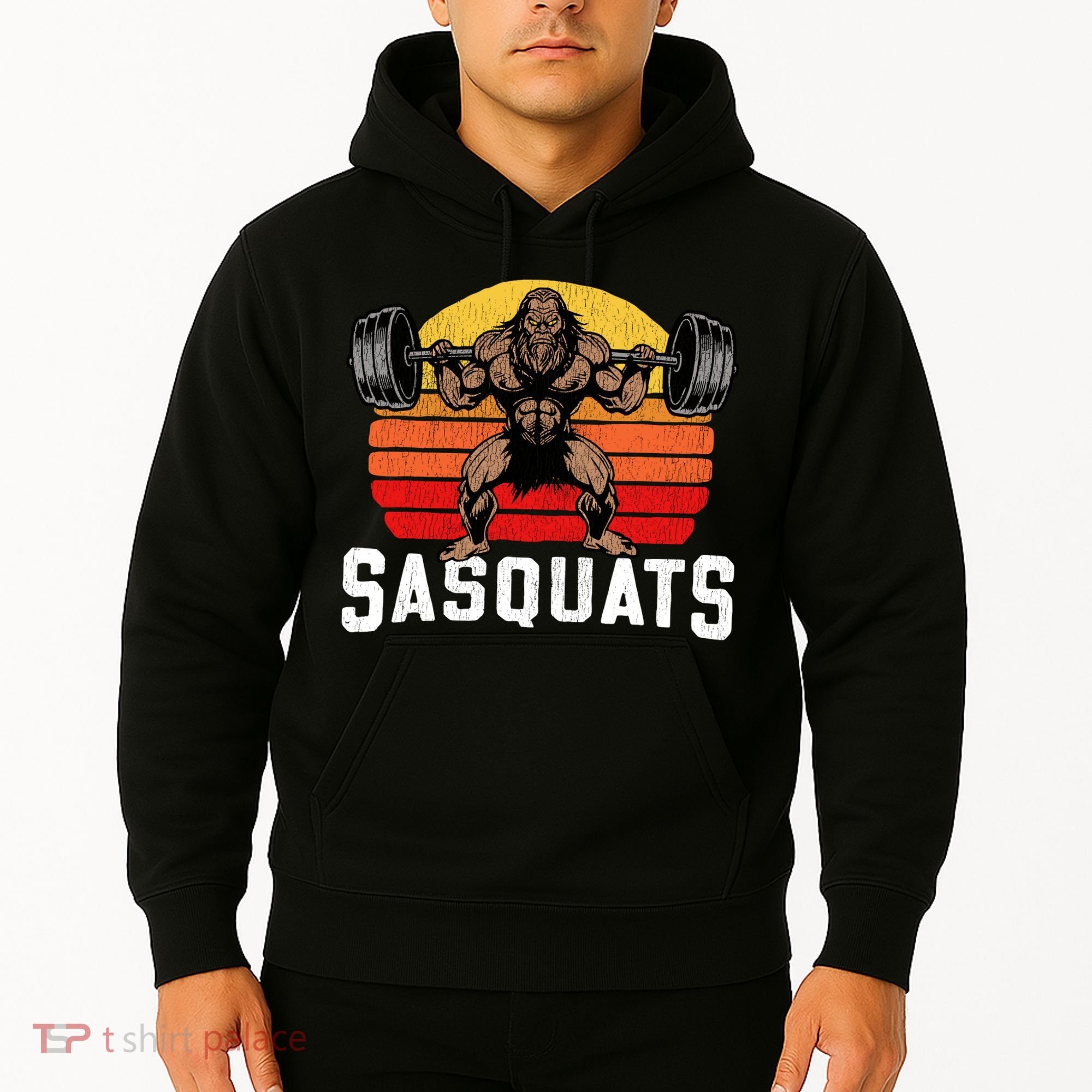 Sasquats Leg Day Weightlifting Bigfoot Squat Distressed 80s Hoodie
