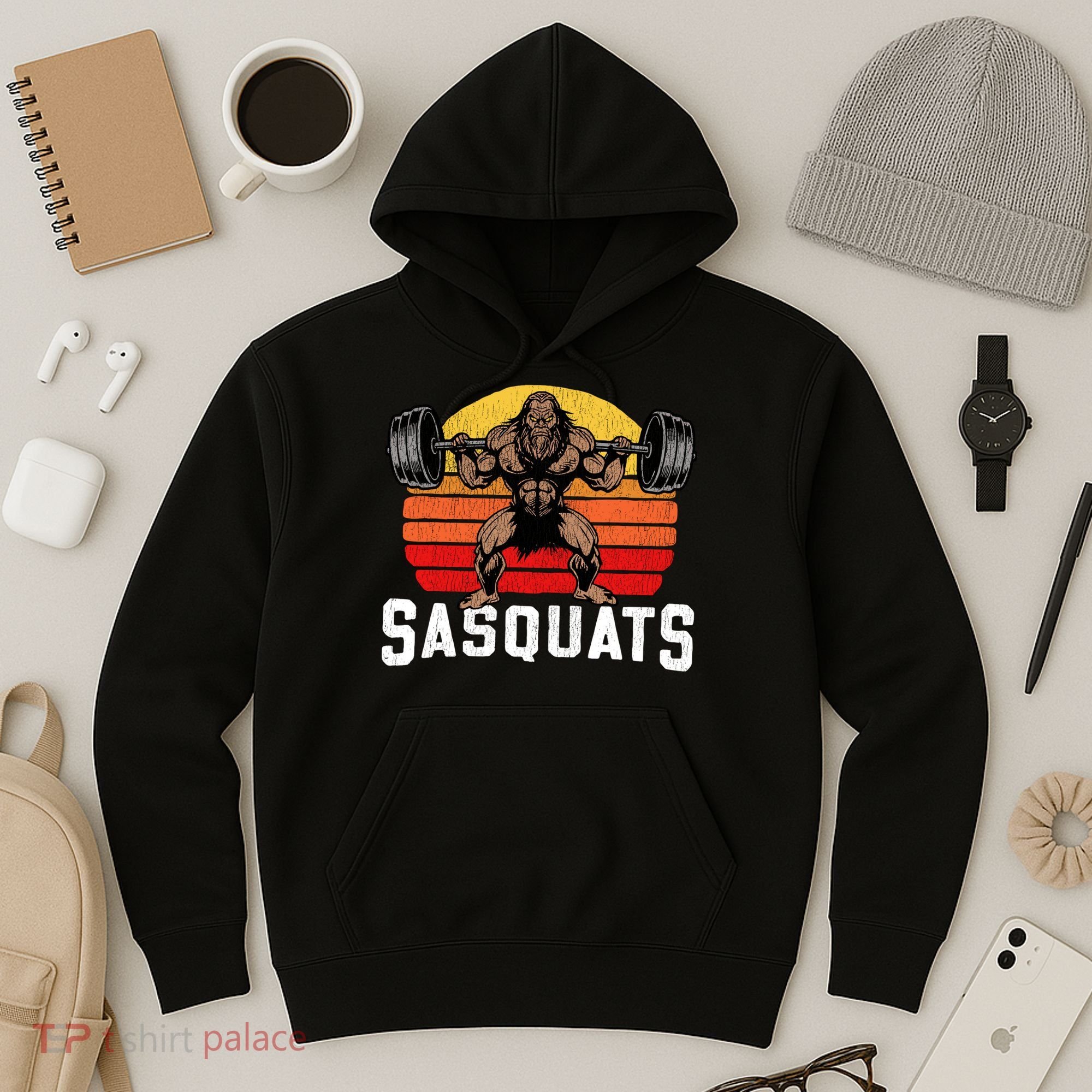 Sasquats Leg Day Weightlifting Bigfoot Squat Distressed 80s Hoodie