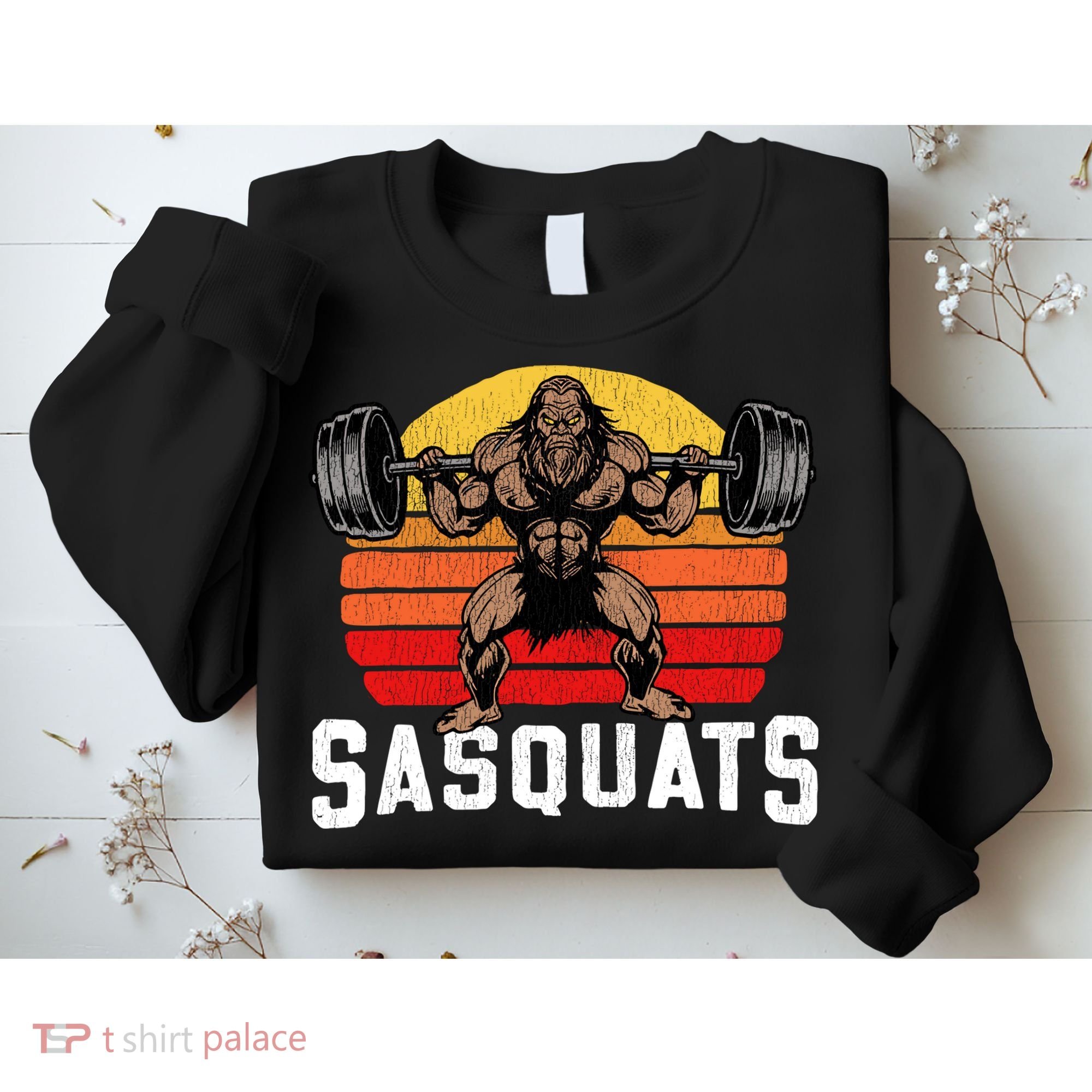 Sasquats Leg Day Weightlifting Bigfoot Squat Distressed 80s Sweatshirt