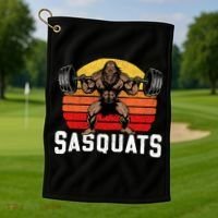 Sasquats Leg Day Weightlifting Bigfoot Squat Distressed 80s Golf Towel thumb 1