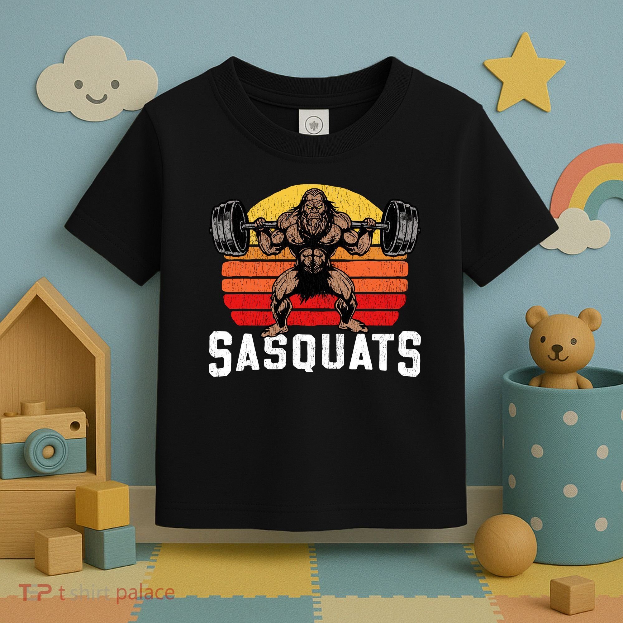 Sasquats Leg Day Weightlifting Bigfoot Squat Distressed 80s Toddler T-Shirt