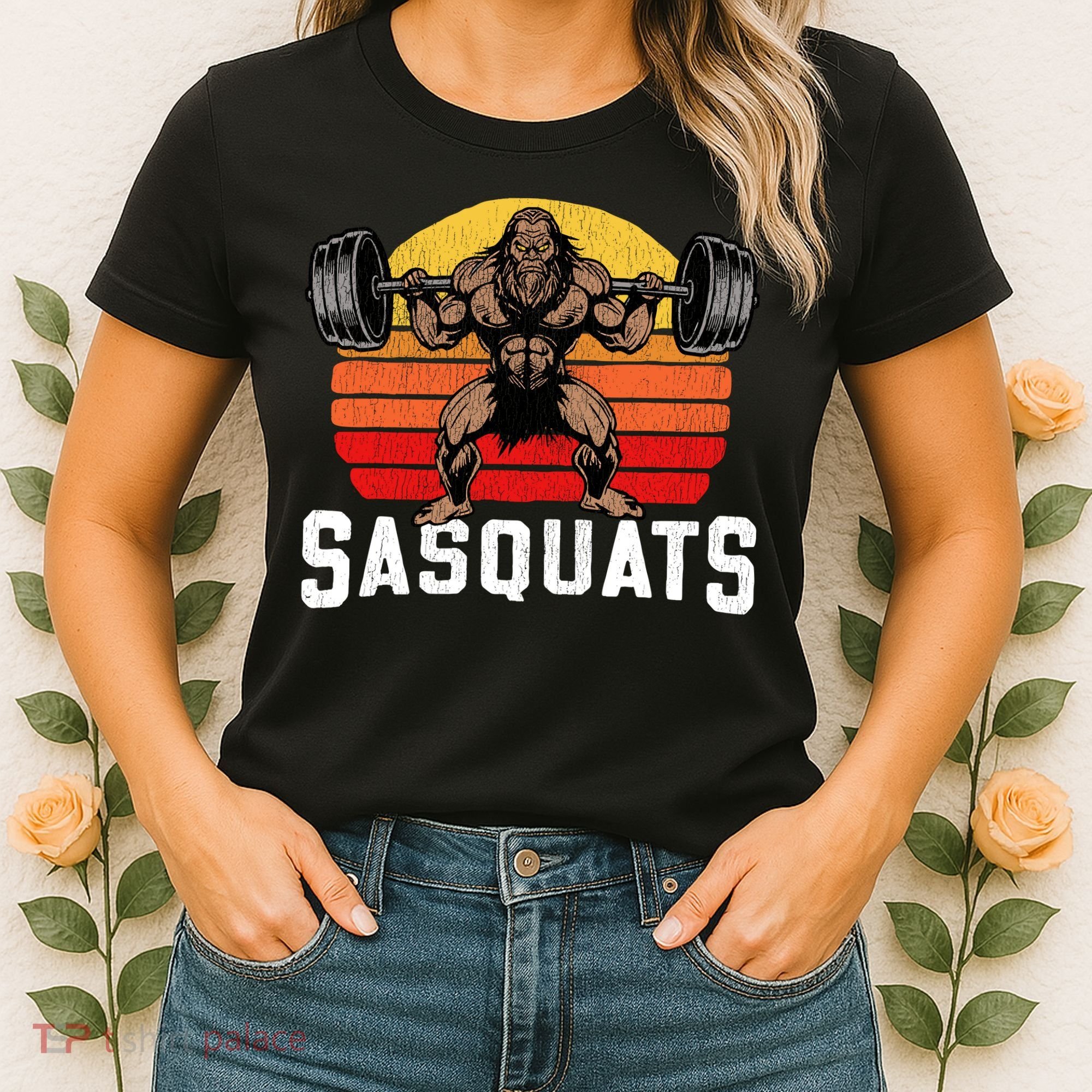 Sasquats Leg Day Weightlifting Bigfoot Squat Distressed 80s Women's T-Shirt