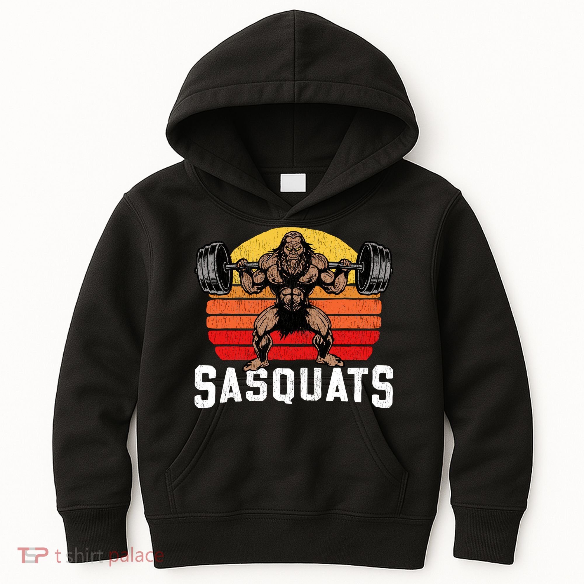 Sasquats Leg Day Weightlifting Bigfoot Squat Distressed 80s Kids Hoodie