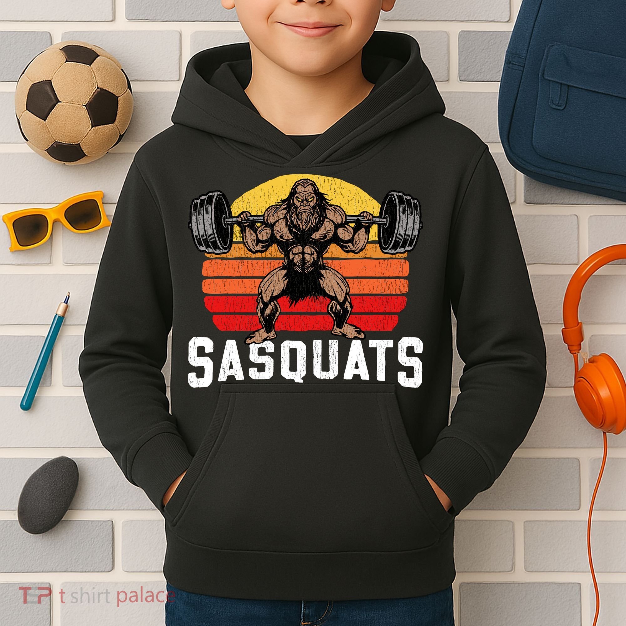 Sasquats Leg Day Weightlifting Bigfoot Squat Distressed 80s Kids Hoodie