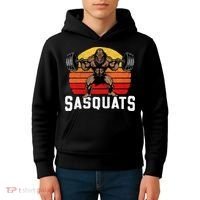 Sasquats Leg Day Weightlifting Bigfoot Squat Distressed 80s Kids Hoodie thumb 4