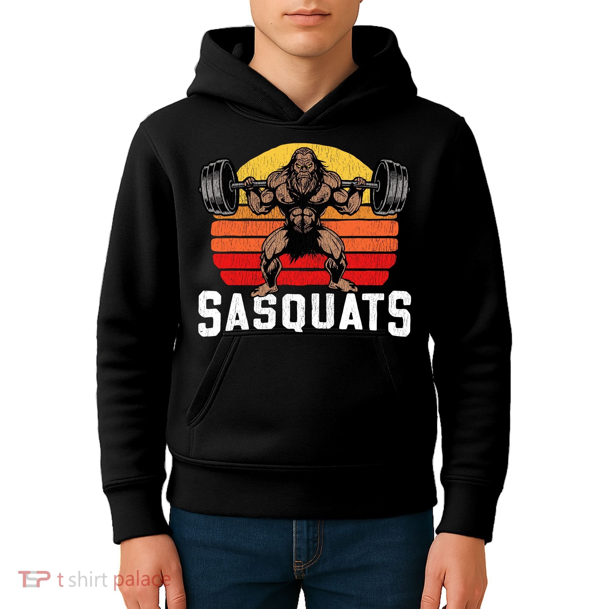Sasquats Leg Day Weightlifting Bigfoot Squat Distressed 80s Kids Hoodie