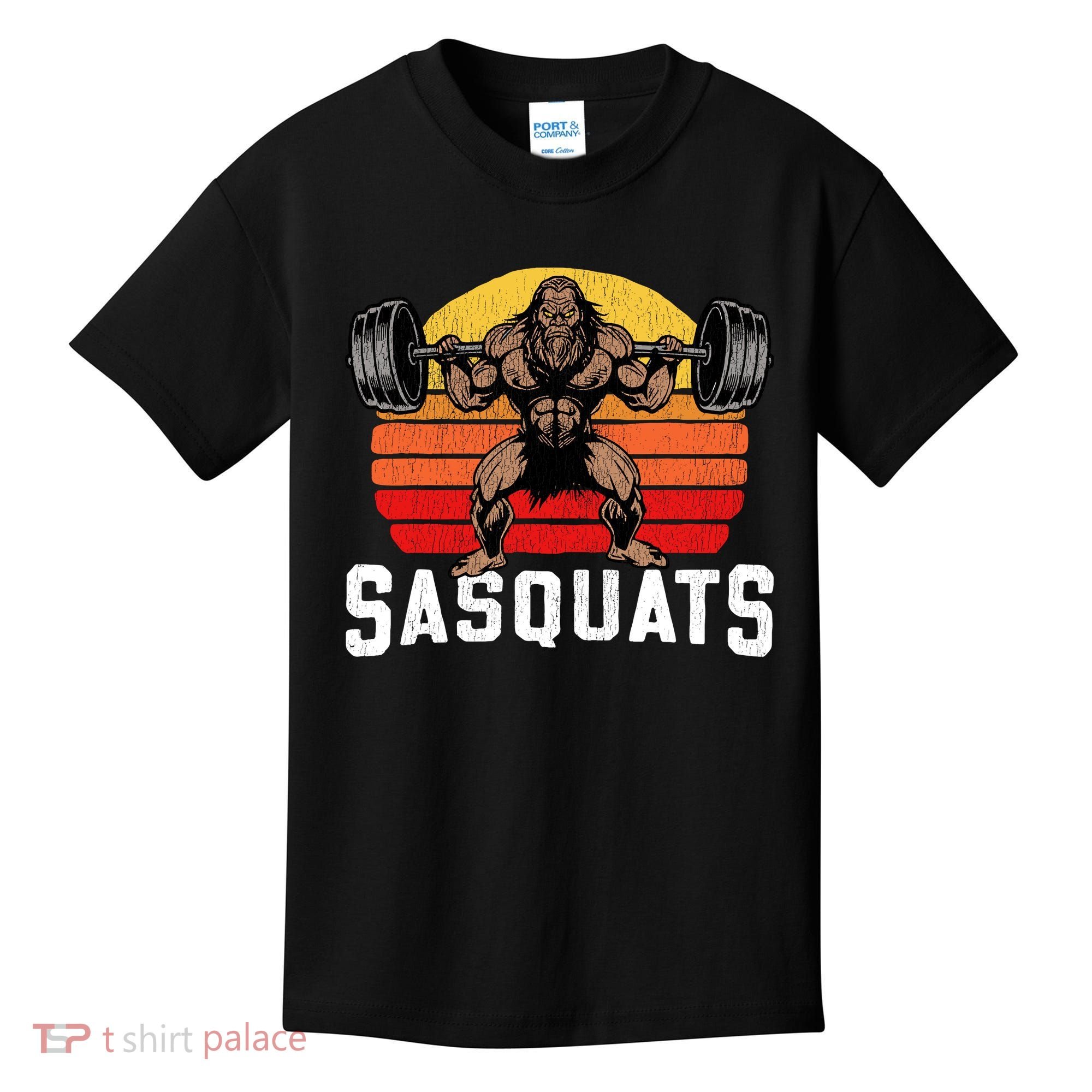 Sasquats Leg Day Weightlifting Bigfoot Squat Distressed 80s Kids T-Shirt